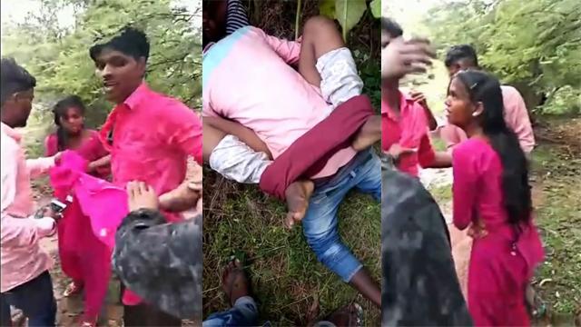 Desi Lovers hiding in jungle caught by village people & fucks